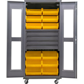 GoVets Clear-View Configurable Mobile Bin Cabinet36x24x85Gray4 Drawers12 Yellow Bins 758MYL708