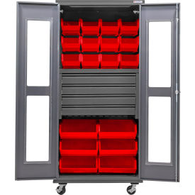 GoVets Clear-View Configurable Mobile Bin Cabinet36x24x85Gray4 Drawers66 Red Bins 759MRD708