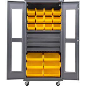 GoVets Clear-View Configurable Mobile Bin Cabinet 36x24x85 4 Drawers 66 Yellow Bins 759MYL708