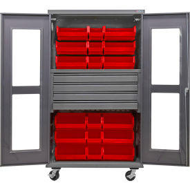 GoVets Clear-View Configurable Mobile Bin Cabinet48x24x85Gray4 Drawers24 Red Bins 764MRD708