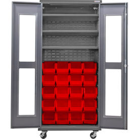 GoVets Clear-View Configurable Mobile Bin Cabinet36x24x85Gray3 Shelf24 Red Bins 773MRD708