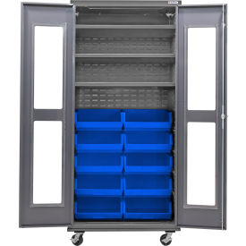 GoVets Clear-View Configurable Mobile Bin Cabinet36x24x85Gray3 Shelf12 Blue Bins 774MBL708
