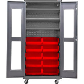 GoVets Clear-View Configurable Mobile Bin Cabinet36x24x85Gray3 Shelf12 Red Bins 774MRD708