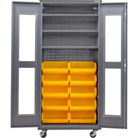 GoVets Clear-View Configurable Mobile Bin Cabinet36x24x85Gray3 Shelf12 Yellow Bins 774MYL708