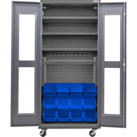 GoVets Clear-View Configurable Mobile Bin Cabinet36x24x85Gray4 Shelf12 Blue Bins 776MBL708