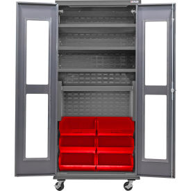 GoVets Clear-View Configurable Mobile Bin Cabinet 36x24x85 Gray 4 Shelf 6 Red Bins 777MRD708