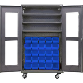 GoVets Clear-View Configurable Mobile Bin Cabinet48x24x85Gray3 Shelf36 Blue Bins 784MBL708