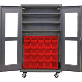 GoVets Clear-View Configurable Mobile Bin Cabinet48x24x85Gray3 Shelf36 Red Bins 784MRD708