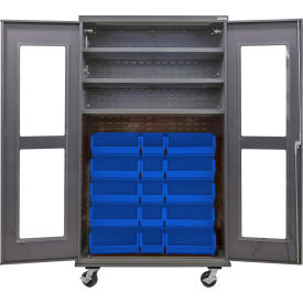 GoVets Clear-View Configurable Mobile Bin Cabinet48x24x85Gray3 Shelf24 Blue Bins 785MBL708