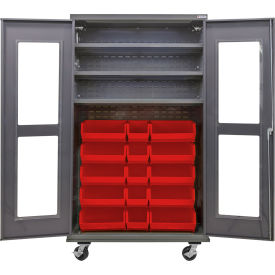 GoVets Clear-View Configurable Mobile Bin Cabinet48x24x85Gray3 Shelf24 Red Bins 785MRD708