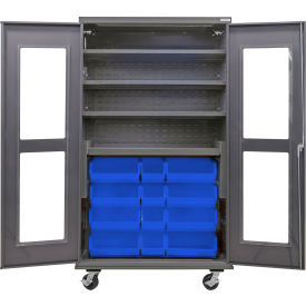 GoVets Clear-View Configurable Mobile Bin Cabinet48x24x85Gray4 Shelf24 Blue Bins 788MBL708