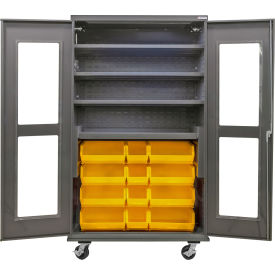 GoVets Clear-View Configurable Mobile Bin Cabinet48x24x85Gray4 Shelf24 Yellow Bins 788MYL708