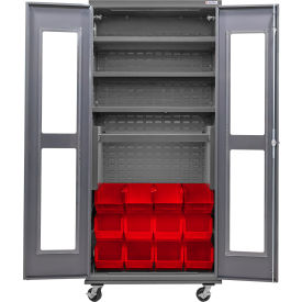 GoVets Clear-View Configurable Mobile Charging Cabinet 36x24x85 4 Shelves 12 Red Bins 795MRD708