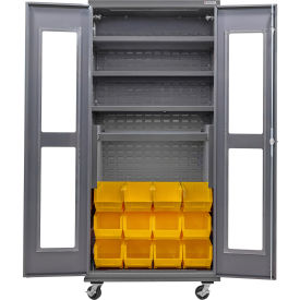 GoVets Clear-View Configurable Mobile Charging Cabinet 36x24x85 4 Shelves 12 YLW Bins 795MYL708