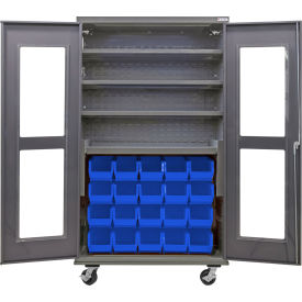GoVets Clear-View Configurable Mobile Charging Cabinet 48x24x85 4 Shelves 24 BL Bins 802MBL708