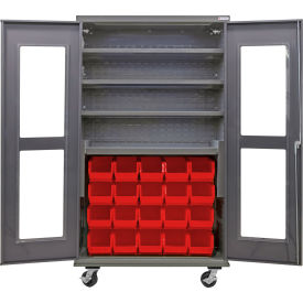 GoVets Clear-View Configurable Mobile Charging Cabinet 48x24x85 4 Shelves 24 Red Bins 802MRD708