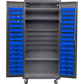 GoVets E-Lock Configurable Mobile Drawer/Bin Cabinet36x24x85Gray4 Shelf96 Blu Bins 829MBL708