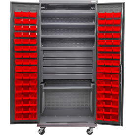 GoVets E-Lock Configurable Mobile Bin Cabinet36Wx24Dx85HGray5 Shelf96 Red Bins 831MRD708