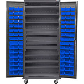 GoVets E-Lock Configurable Mobile Drawer/Bin Cabinet36x24x85Gray6 Shelf96 Blu Bins 833MBL708