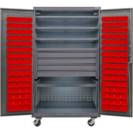 GoVets E-Lock Configurable Mobile Bin Cabinet48x24x85Gray5 Shelf120 Red Bins 840MRD708