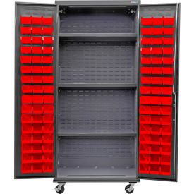 GoVets E-Lock Configurable Mobile Bin Cabinet36Wx24Dx85HGray3 Shelf96 Red Bins 847MRD708