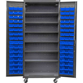 GoVets E-Lock Configurable Mobile Bin Cabinet36Wx24Dx85HGray6 Shelf96 Blue Bins 855MBL708