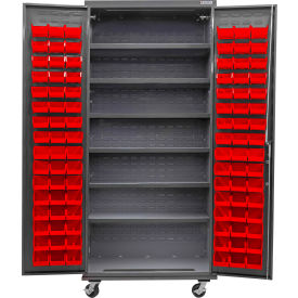 GoVets E-Lock Configurable Mobile Bin Cabinet36Wx24Dx85HGray96 Red Bins6 Shelf 855MRD708