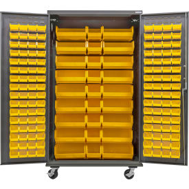 GoVets E-Lock Configurable Mobile Bin Cabinet 48W x 24D x 85H Gray 150 Yellow Bins 859MYL708