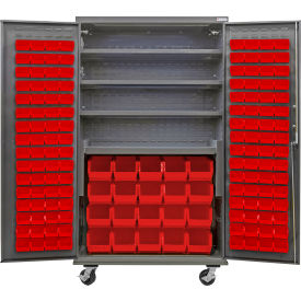 GoVets E-Lock Configurable Mobile Bin Cabinet48x24x85Gray4 Shelf144 Red Bins 867MRD708