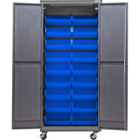GoVets E-Lock Configurable Mobile Pegboard Cabinet 36Wx24Dx85H Gray 18 Blue Bins 897MBL708