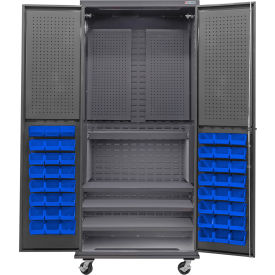 GoVets E-Lock Configurable Mobile Pegboard Cabinet36x24x85Gray4 Shelf48 Blu Bins 900MBL708
