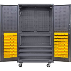 GoVets E-Lock Configurable Mobile Pegboard Cabinet48x24x85Gray4 Shelf72 Ylw Bins 910MYL708