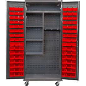 GoVets E-Lock Configurable Mobile Janitorial Cabinet 36Wx24Dx85H Gray 96 Red Bins 922MRD708