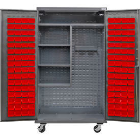 GoVets E-Lock Configurable Mobile Janitorial Cabinet 48x24x85 Gray 120 Red Bins 926MRD708