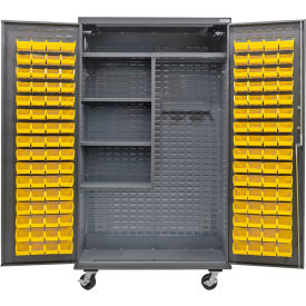 GoVets E-Lock Configurable Mobile Janitorial Cabinet 48x24x85 Gray 120 Yellow Bins 926MYL708