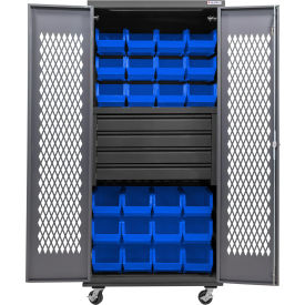 GoVets Configurable Ventilated Mobile Bin Cabinet36x24x85Gray4 Drawers24 Blue Bins 942MBL708
