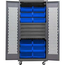 GoVets Configurable Ventilated Mobile Bin Cabinet36x24x85Gray4 Drawers12 Blue Bins 943MBL708