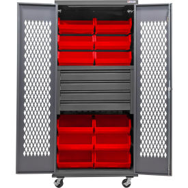 GoVets Configurable Ventilated Mobile Bin Cabinet36x24x85Gray4 Drawers12 Red Bins 943MRD708