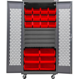 GoVets Configurable Ventilated Mobile Bin Cabinet36x24x85Gray4 Drawers66 Red Bins 944MRD708