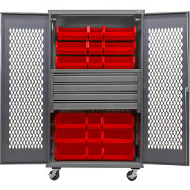 GoVets Configurable Ventilated Mobile Bin Cabinet48x24x85Gray4 Drawers24 Red Bins 949MRD708