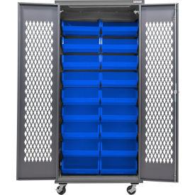 GoVets Configurable Ventilated Mobile Bin Cabinet 36Wx24Dx85H Gray 18 Blue Bins 955MBL708