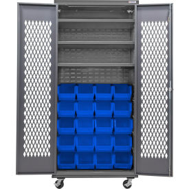 GoVets Configurable Ventilated Mobile Bin Cabinet36x24x85Gray3 Shelf24 Blue Bins 958MBL708