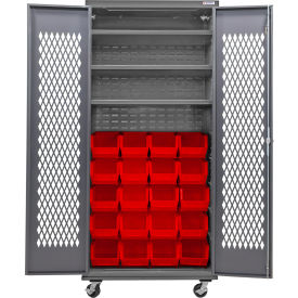 GoVets Configurable Ventilated Mobile Bin Cabinet36x24x85Gray3 Shelf24 Red Bins 958MRD708