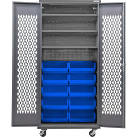 GoVets Configurable Ventilated Mobile Bin Cabinet36x24x85Gray3 Shelf12 Blue Bins 959MBL708