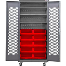 GoVets Configurable Ventilated Mobile Bin Cabinet36x24x85Gray3 Shelf12 Red Bins 959MRD708