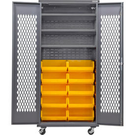 GoVets Configurable Ventilated Mobile Bin Cabinet36x24x85Gray3 Shelf12 Yellow Bins 959MYL708