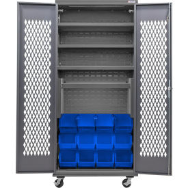 GoVets Configurable Ventilated Mobile Bin Cabinet36x24x85Gray4 Shelf12 Blue Bins 961MBL708