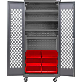 GoVets Configurable Ventilated Mobile Bin Cabinet 36x24x85 Gray 4 Shelf 6 Red Bins 962MRD708