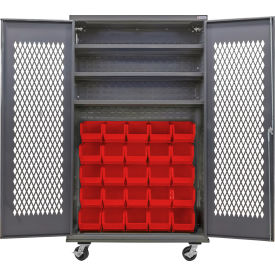 GoVets Configurable Ventilated Mobile Bin Cabinet48x24x85Gray3 Shelf36 Red Bins 969MRD708