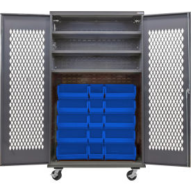 GoVets Configurable Ventilated Mobile Bin Cabinet48x24x85Gray3 Shelf24 Blue Bins 970MBL708